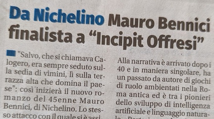 articolo di giornale con l'incipit di Mauro Bennici che ha vinto il premio speciale Italo Calvino a Incipit Offresi